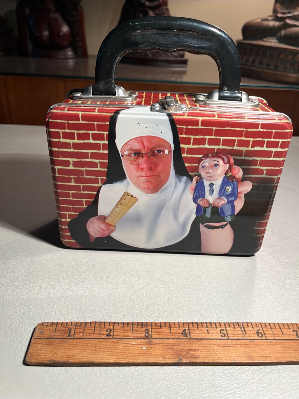 Retro Tin Lunchbox with Nun Graphic - Red Brick Print